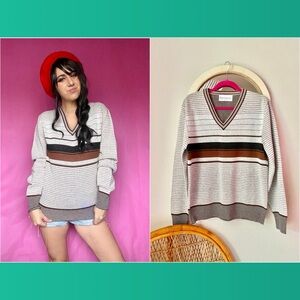 Vintage 70s Striped V Neck Pullover Interwoven Sweater
